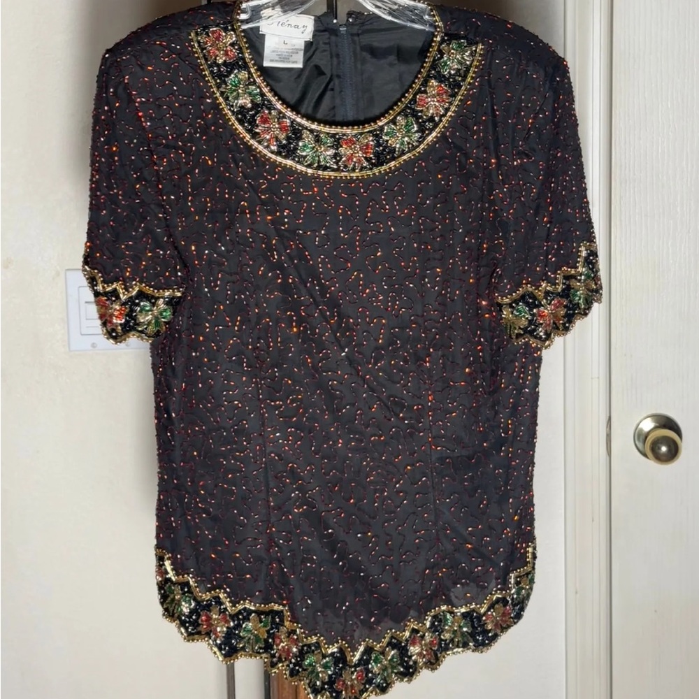 Stenay Black Beaded Blouse with Gold color bow detailing size: L